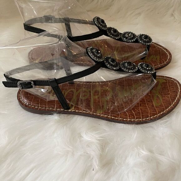 Sam Edelman Galia leather black ankle strap thong sandals with RhinestonesSZ7.5M - Picture 3 of 7